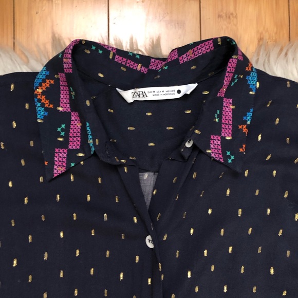 Zara Actez Tribal Geometric Metallic Long Sleeves Colorful Navy Shirtdress M - Picture 4 of 15